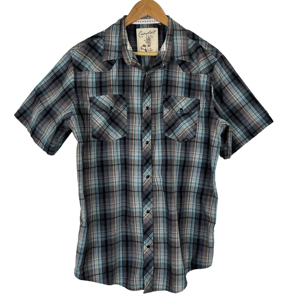 Coastal Mens Plaid‎ Button Up Shirt Short Sleeve Snap Slouchy Skater